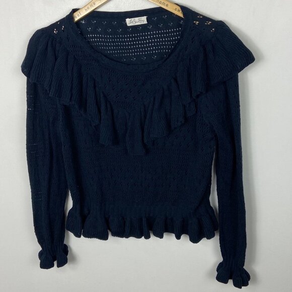 LoveShackFancy Alpaca Knit Sweater Blue Size Large Ruffle Navy Pointelle‎ Boho L - Picture 12 of 15